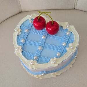 Blue Heart Cake Trinket Box W/ Red Cherry Accent, NWT